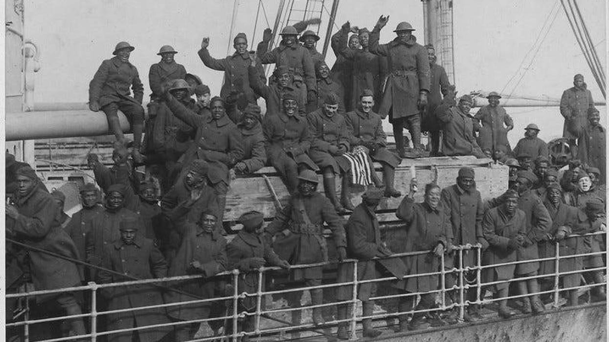 War Department. New York's 369th Infantry (formerly the 15th Infantry) of African American troops arrive back home at Hoboken, New Jersey. According to the original caption, "they are the only regiment which never had one of their men captured and never l