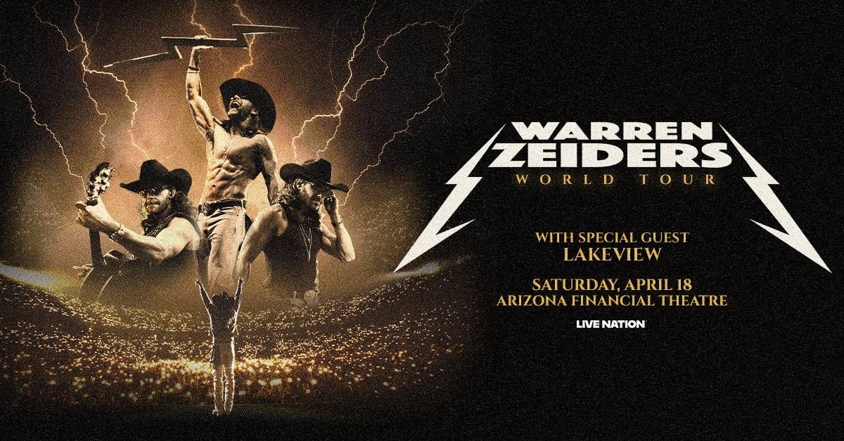 Warren Zeiders concert poster: Muscular cowboy, lightning bolts, country rock band, Metallica text.