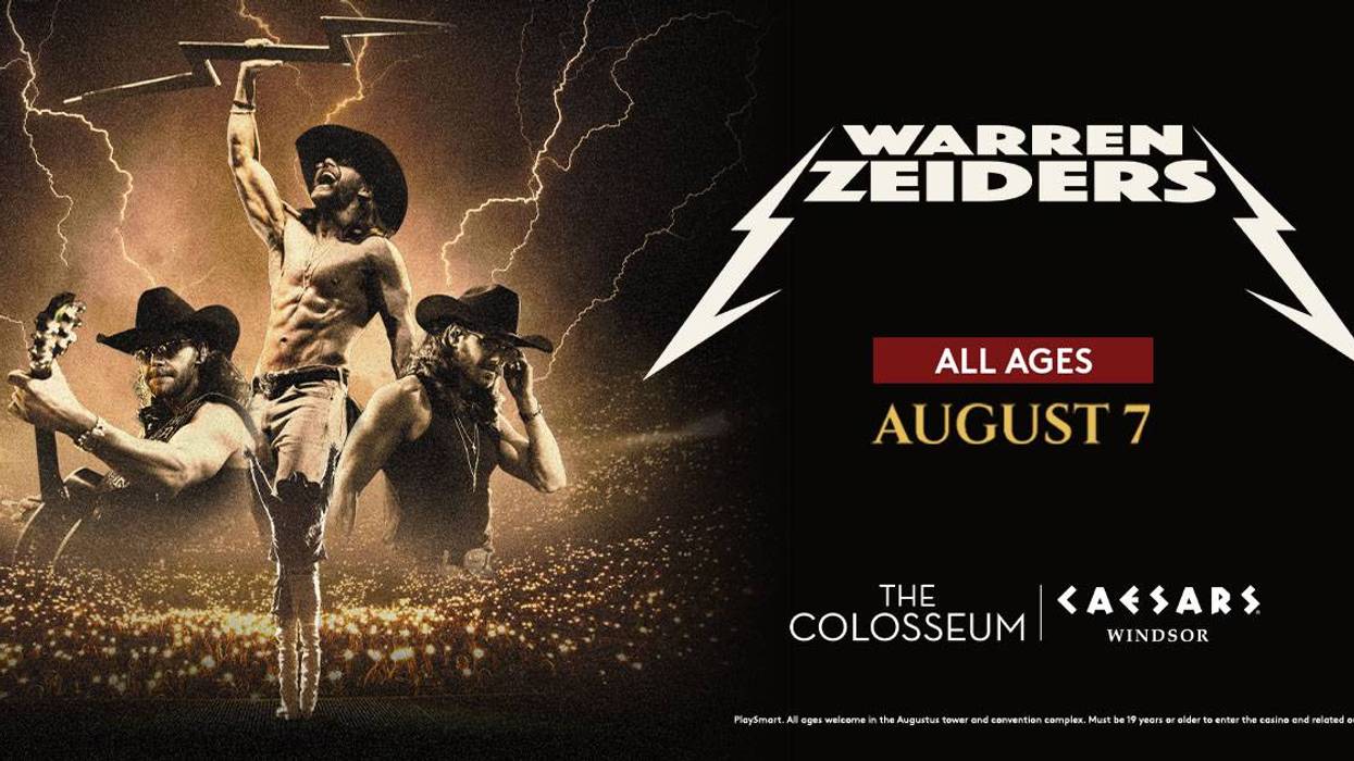 Warren Zeiders concert poster: Shirtless rocker in cowboy hat holding lightning, band, crowd. Aug 7.