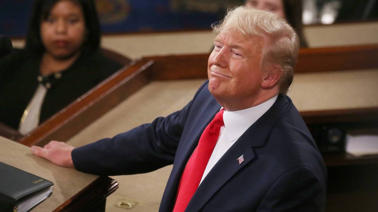 WASHINGTON, DC - FEBRUARY 04: President Donald Trump delivers the State of the Union address House Speaker Rep. Nancy Pelosi (D-CA) and Vice President Mike Pence look on in the chamber of the U.S. House of Representatives on February 04, 2020 in Washington, DC. President Trump delivers his third State of the Union to the nation the night before the U.S. Senate is set to vote in his impeachment trial. (Photo by Mario Tama/Getty Images)