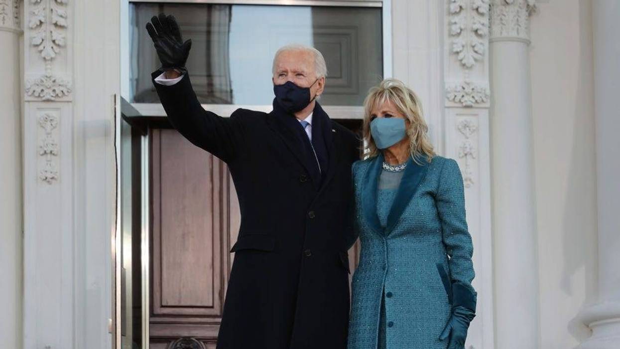 WASHINGTON, DC - JANUARY 20: U.S. President Joe Biden and First Lady Dr. Jill Biden pose for photographs on the North Portico of the White House following his inauguration on January 20, 2021 in Washington, DC.