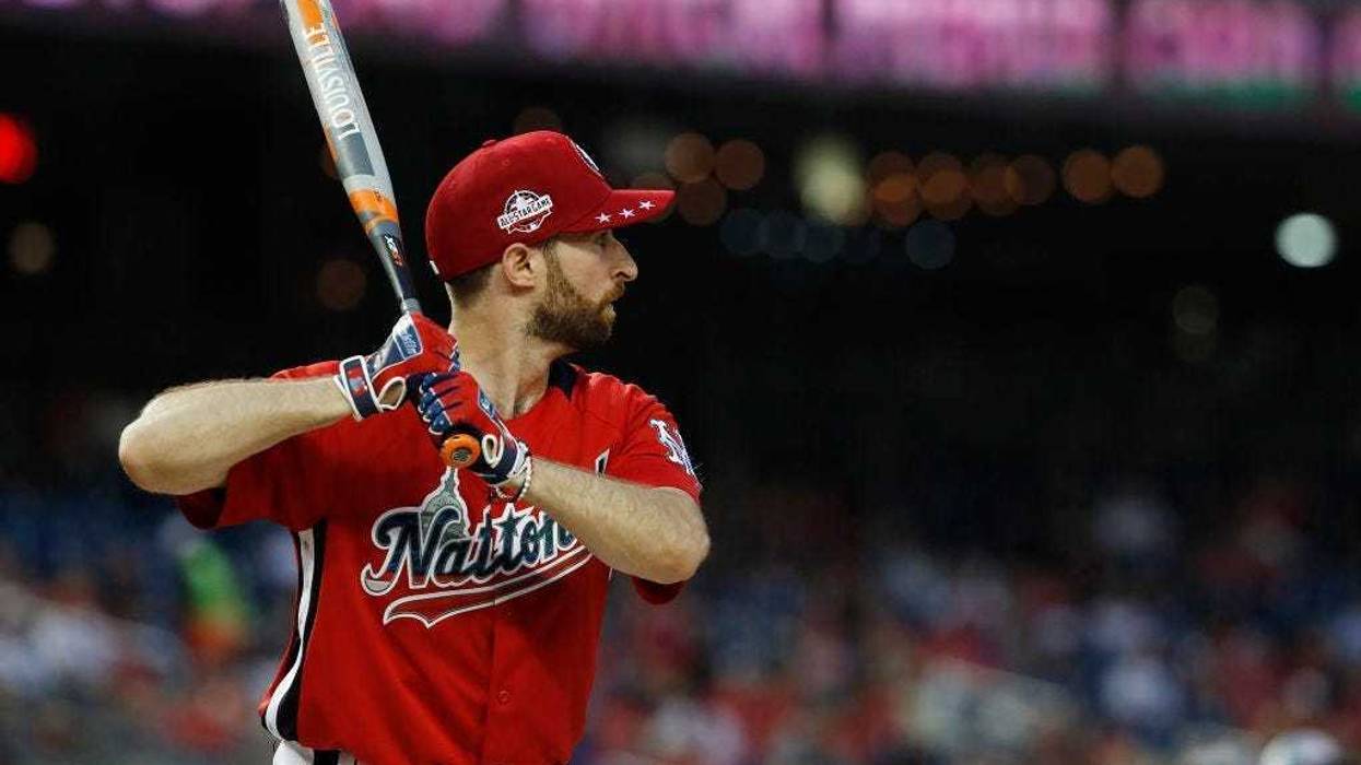 WASHINGTON, DC - JULY 15: Scott Rogowsky bats during the All-Star and Legends Celebrity Softball Game at Nationals Park on July 15, 2018 in Washington, DC. (Photo by Patrick McDermott/Getty Images)