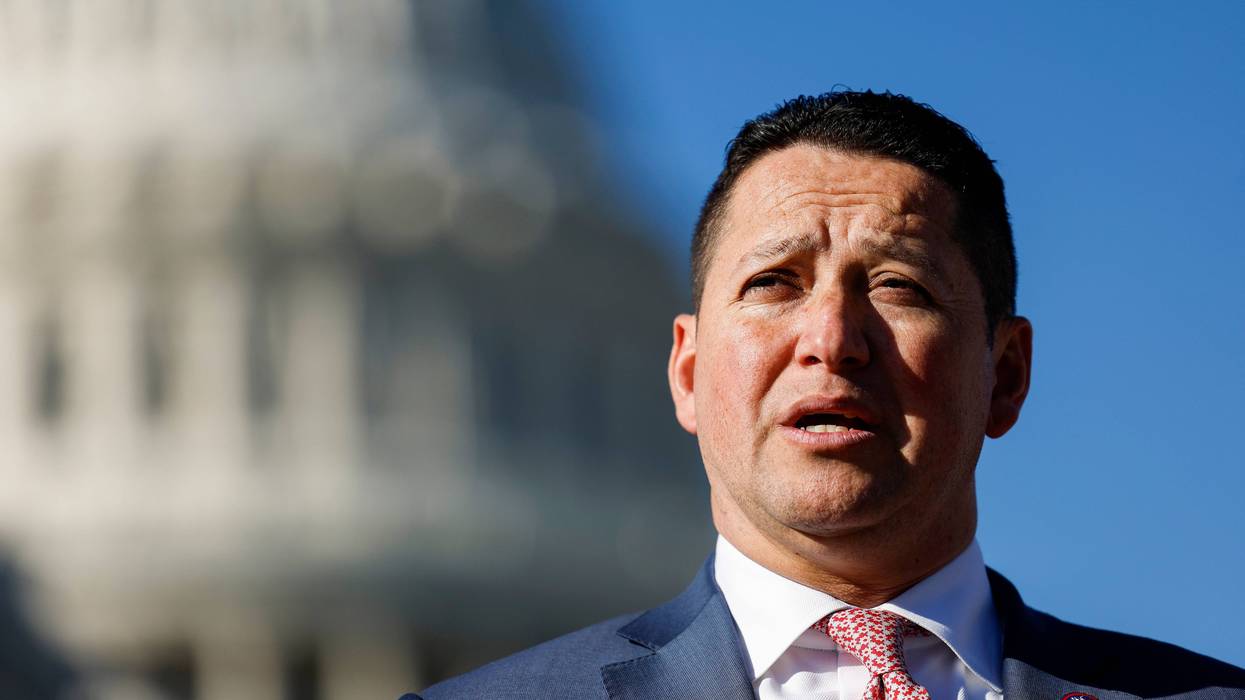 WASHINGTON, DC - NOVEMBER 14: U.S. Rep. Tony Gonzales (R-TX) speaks alongside U.S. Rep. Marjorie Taylor Greene (R-GA) at a news conference on border security outside of the U.S. Capitol Building on November 14, 2023 in Washington, DC. The House Republicans spoke to reporters about the tabled impeachment motion for U.S. Homeland Security Secretary Alejandro Mayorkas and the southern border. (Photo by Anna Moneymaker/Getty Images)