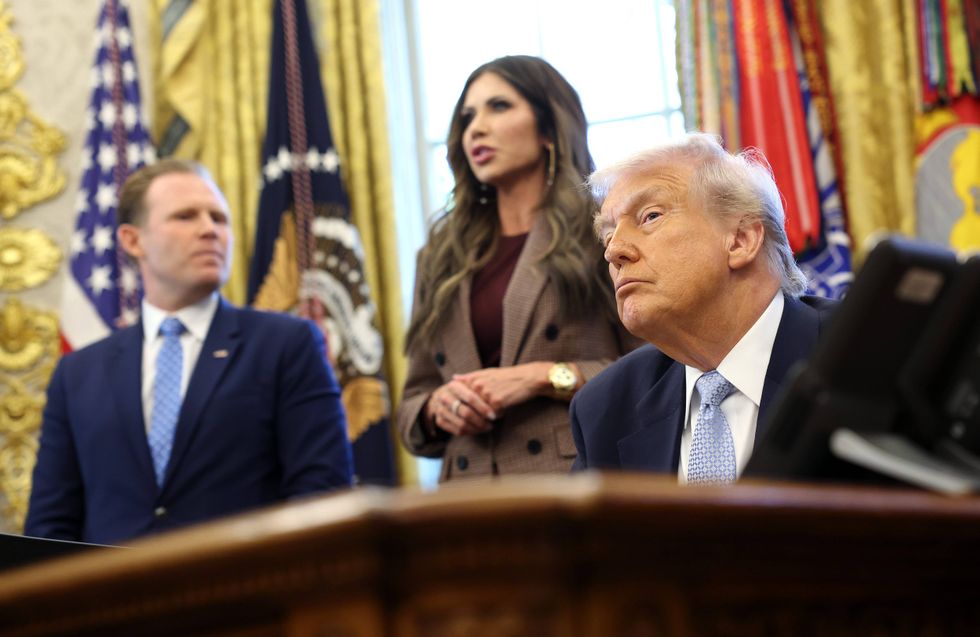 WASHINGTON, DC - NOVEMBER 17: U.S. President Donald Trump, Homeland Security Secretary Kristi Noem, and Andrew Giuliani (R) participate in a meeting at the White House.