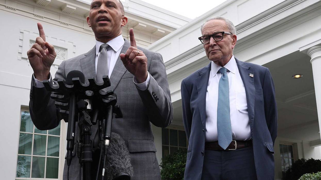 WASHINGTON, DC - SEPTEMBER 29: U.S. House Minority Leader Hakeem Jeffries (D-NY) (L) and Senate Minority Leader Charles Schumer (D-NY) deliver remarks following a meeting with U.S. President Donald Trump at the White House on September 29, 2025 in Washington, DC. The Democratic leaders met with President Trump to negotiate funding legislation to avoid a government shutdown. (Photo by Win McNamee/Getty Images)