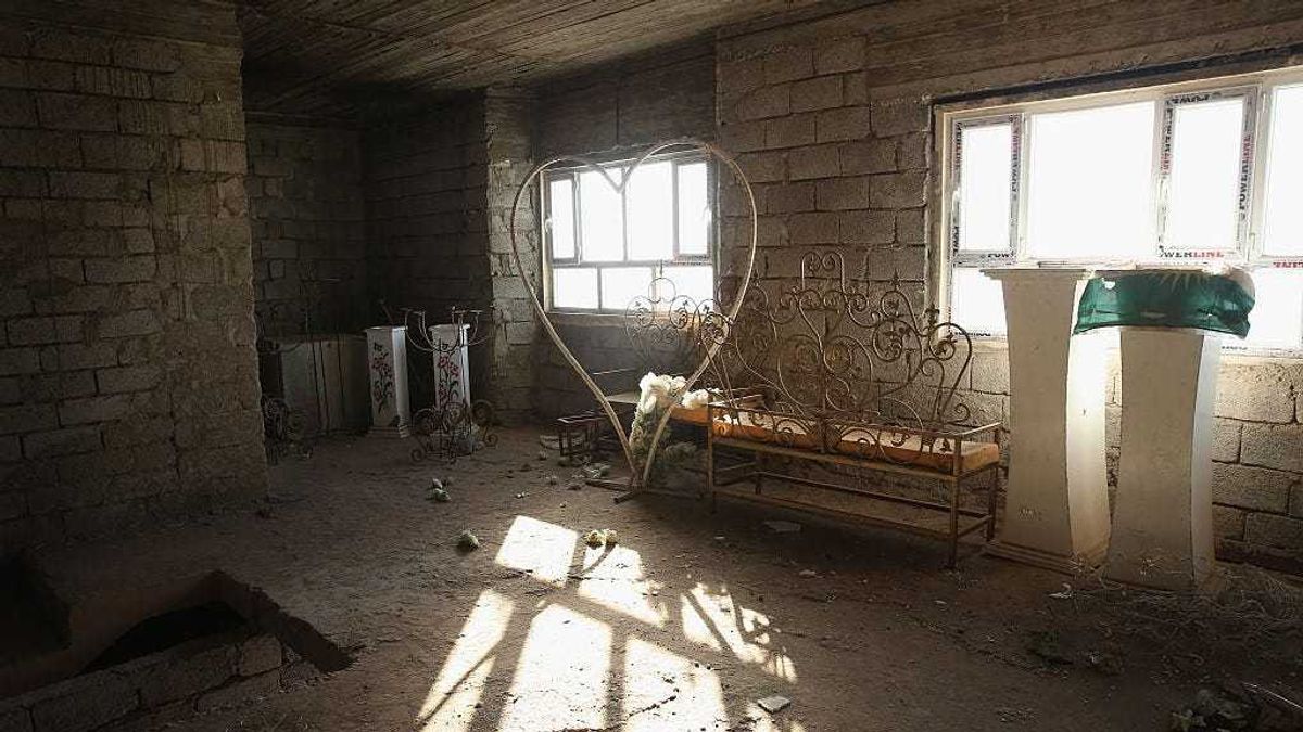 Wedding decorations sit idle in the attic of a marriage hall now used at a military hospital on November 4, 2015 near the frontline with ISIS fighters in Telskuf, Iraq. Peshmerga forces in Telskuf frequently come under mortar fire from Islamic State fighters just two miles away.