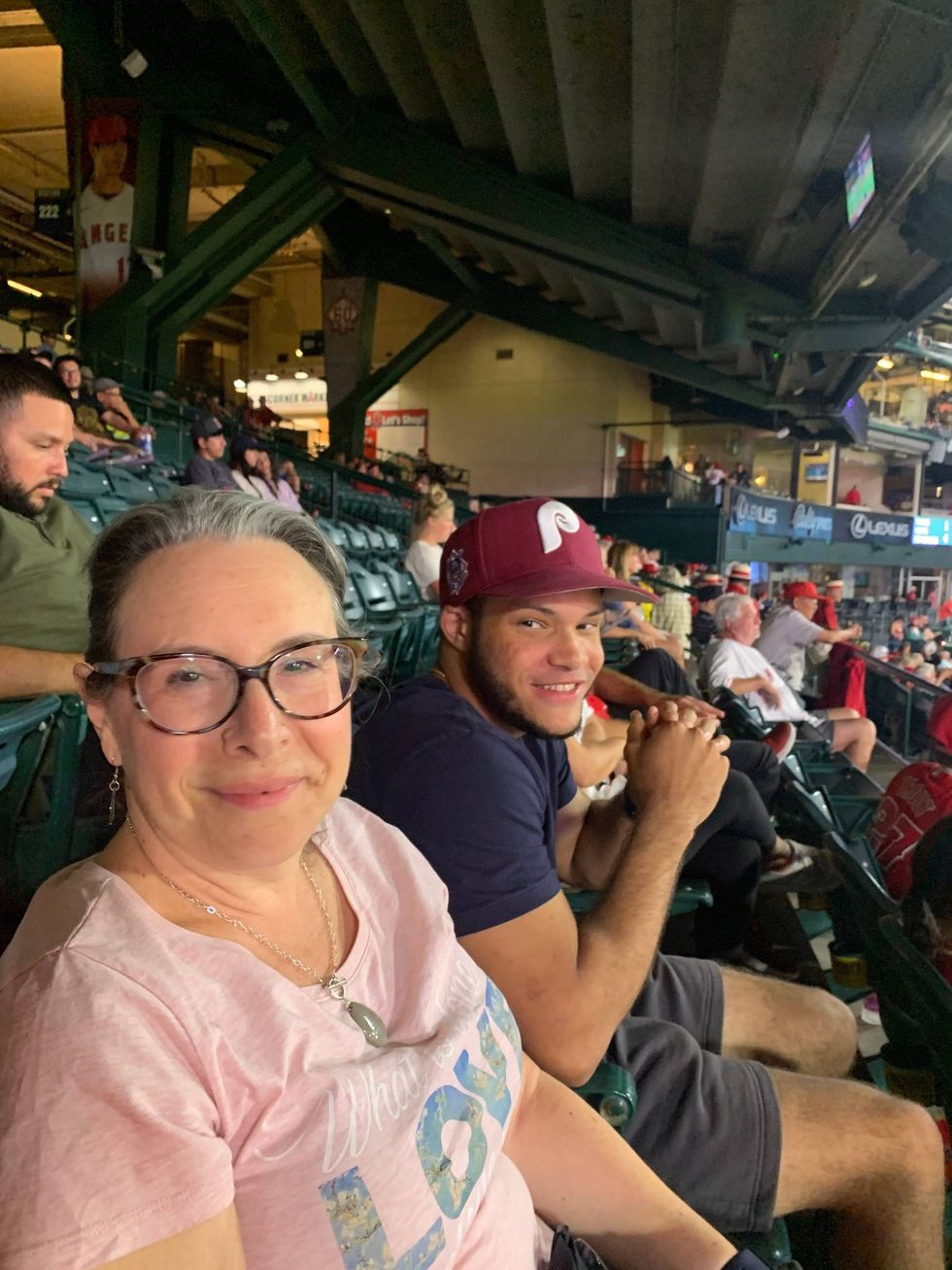 Wendy Rose (left) and her son, Ethan Green, at Angel Stadium in Anaheim, California.