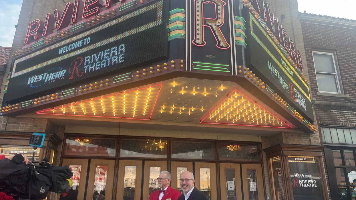 West Herr President and CEO Scott Beiler stands outside Riviera Theatre with Theatre chair Larry Denef to announce partnership. (03/14/2024)