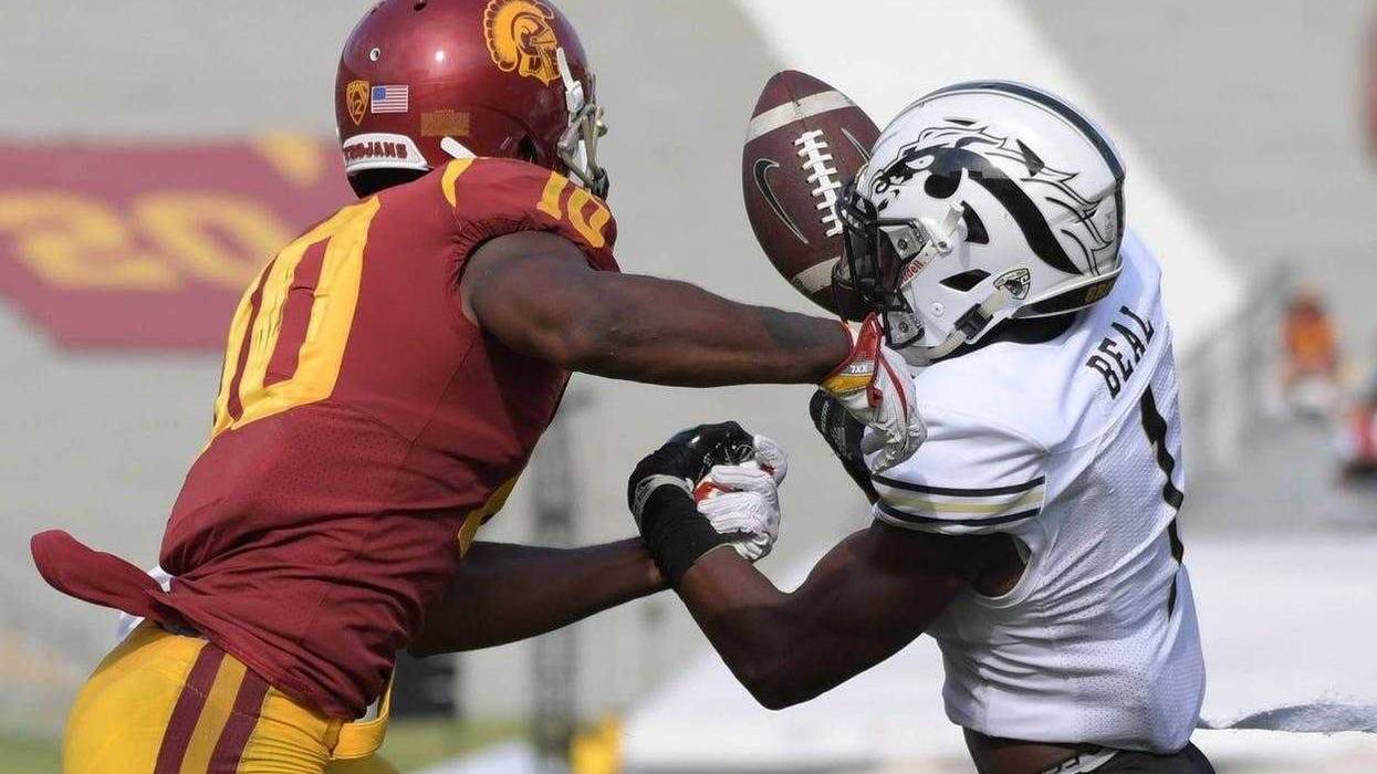 Western Michigan Broncos defensive back Sam Beal (1) intercepts a pass intended for Southern California Trojans wide receiver Jalen Greene (10) during a NCAA football game at Los Angeles Memorial Coliseum.