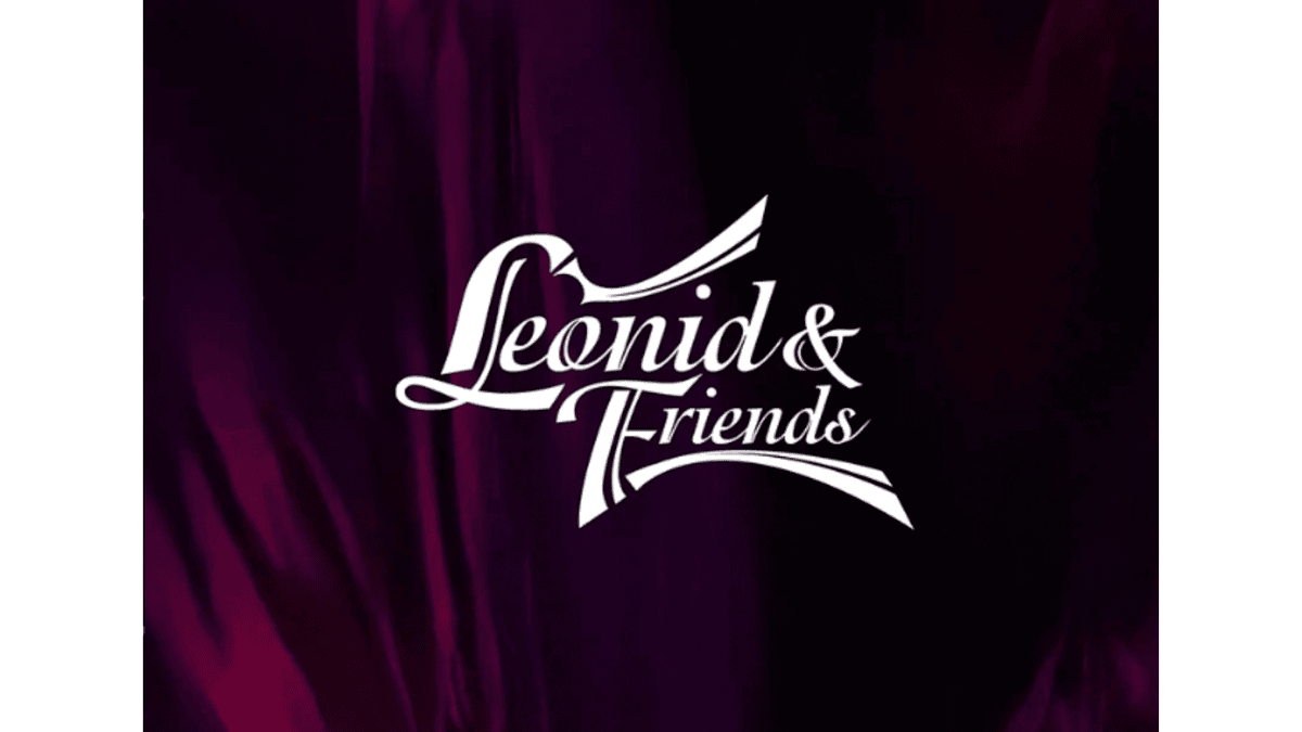 White cursive "Leonid & Friends" text on a wavy dark purple background.