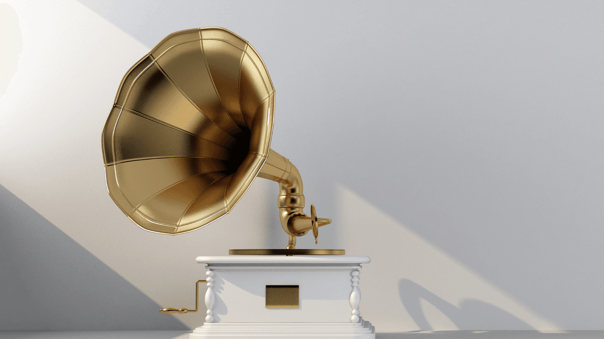 white gold gramophone on light ray