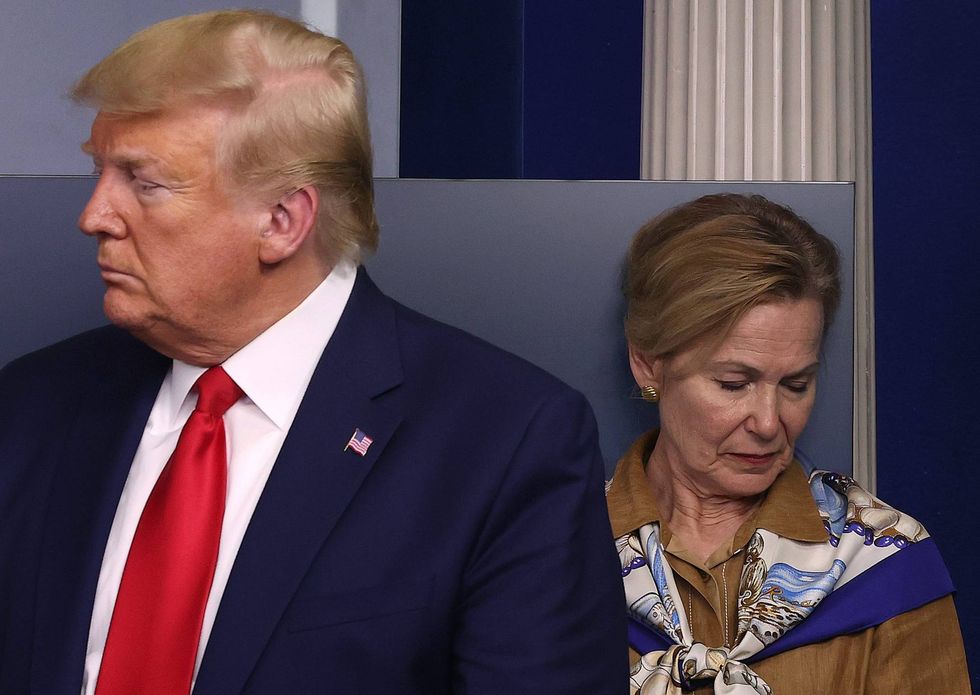 White House coronavirus response coordinator Deborah Birx, and U.S. President Donald Trump participate in a briefing following a meeting of his coronavirus task force in the Brady Press Briefing Room at the White House on April 6, 2020 in Washington, DC.