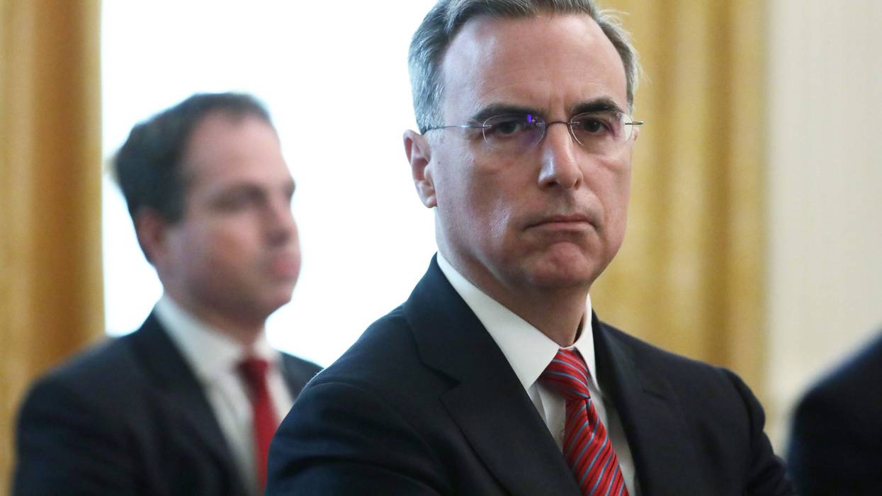 White House Counsel Pat Cipollone (R) waits for the beginning of a cabinet meeting in the East Room of the White House on May 19, 2020 in Washington, D.C.
