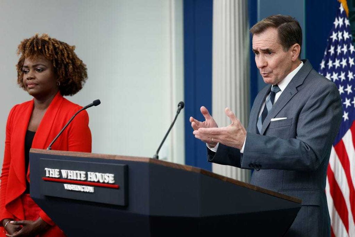 White House National Security Communications Advisor John Kirby speaks alongside White House Press Secretary Karine Jean-Pierre during a daily news briefing at the James S. Brady Press Briefing Room of the White House on March 25, 2024 in Washington, DC. During the news conference, Kirby spoke to reporters about the UN Security Council's meeting to a vote on a ceasefire in Gaza.