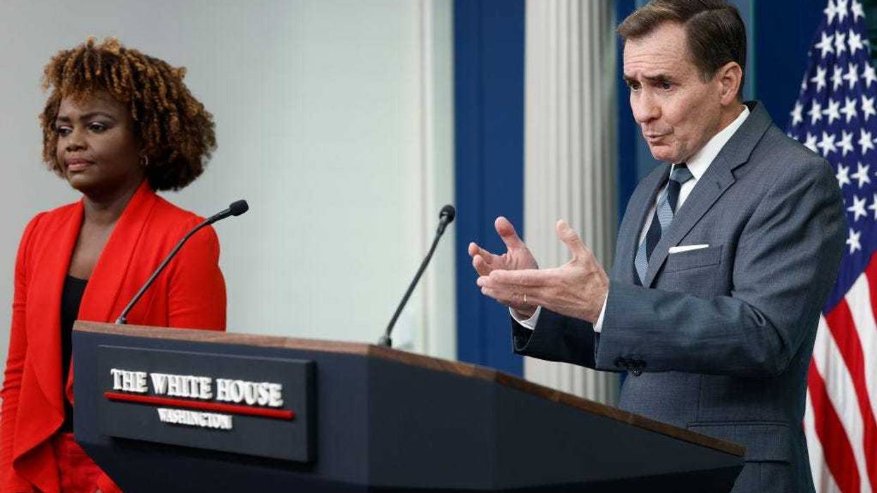 White House National Security Communications Advisor John Kirby speaks alongside White House Press Secretary Karine Jean-Pierre during a daily news briefing at the James S. Brady Press Briefing Room of the White House on March 25, 2024 in Washington, DC. During the news conference, Kirby spoke to reporters about the UN Security Council's meeting to a vote on a ceasefire in Gaza.