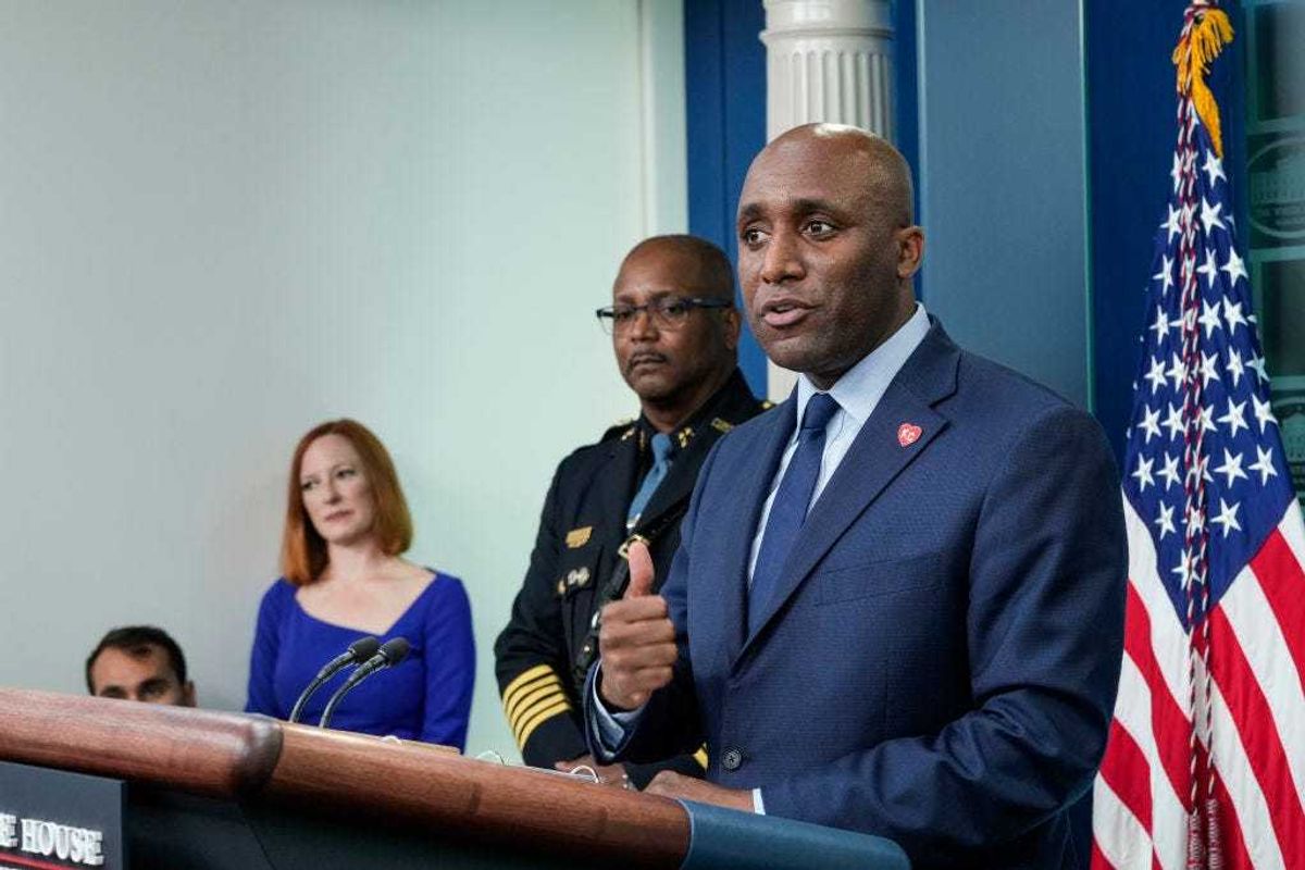 White House Press Secretary Jen Psaki looks on as Detroit, Michigan Police Chief James White and Kansas City, Missouri Mayor Quinton Lucas speak during the daily press briefing at the White House on May 13, 2022 in Washington, DC.