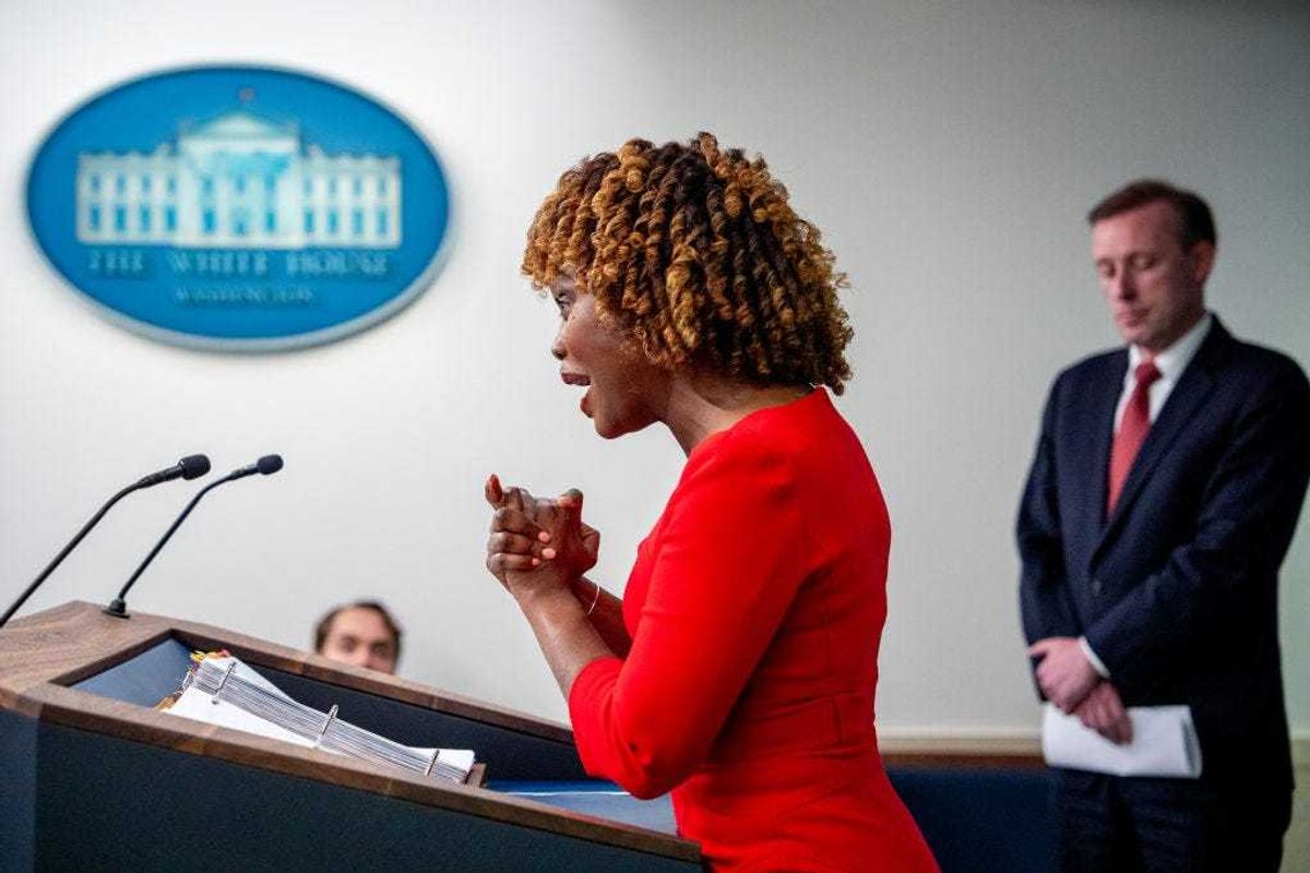 White House Press Secretary Karine Jean-Pierre, accompanied by National Security Advisor Jake Sullivan, (R) speaks during a news conference in the Brady Press Briefing Room at the White House on April 9, 2024 in Washington, DC. Jean-Pierre and Sullivan discussed the Connecticut Huskies winning the NCAA Men's Basketball Tournament National Championship, Japan's Prime Minister Kishida's upcoming State visit to the White House, the ongoing hostage situation in Gaza and other topics. (Photo by Andrew Harnik/Getty Images)
