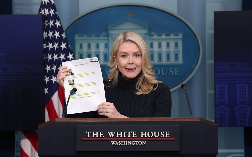 White House Press Secretary Karoline Leavitt references a list of alleged criminals arrested in ICE operations during a news briefing in the James S. Brady Press Briefing Room of the White House on January 26, 2026 in Washington, DC. Leavitt discussed the recent ICE shooting in Minneapolis, Homeland Security funding and the possible government shutdown, and President Trump’s tariffs.