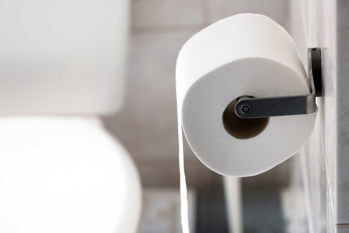 White roll of soft toilet paper hanging on a metallic holder on a bathroom wall close up.