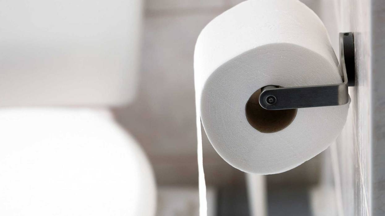 White roll of soft toilet paper hanging on a metallic holder on a bathroom wall close up.
