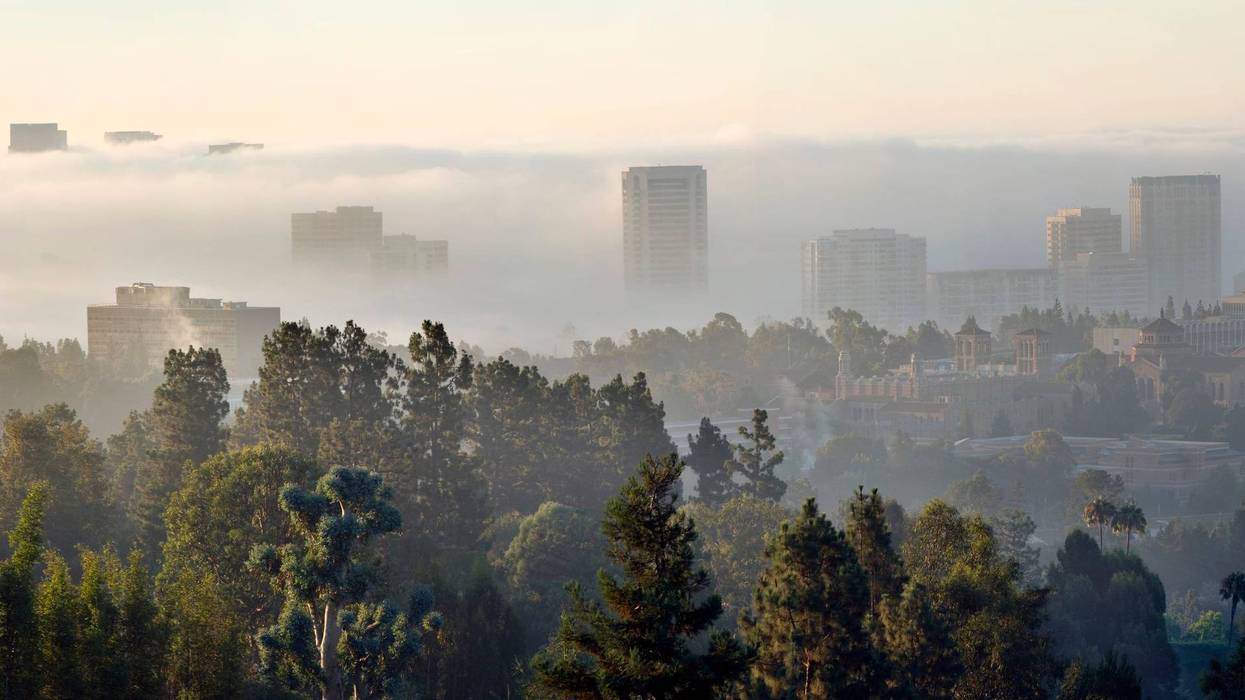 Wide angle view of Westwood Village and the University of California Los Angeles on a foggy gray summer morning.