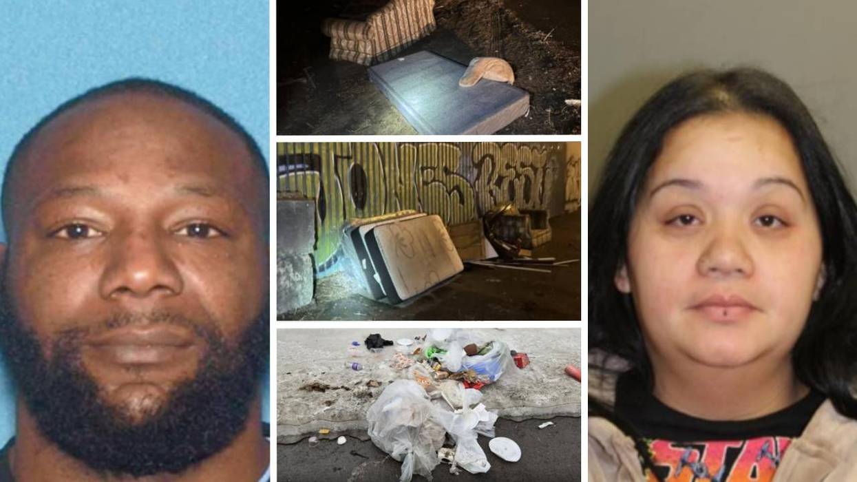 William Leary and Jessica Torres, with pictures of the trash they allegedly dumped in between their mugshots