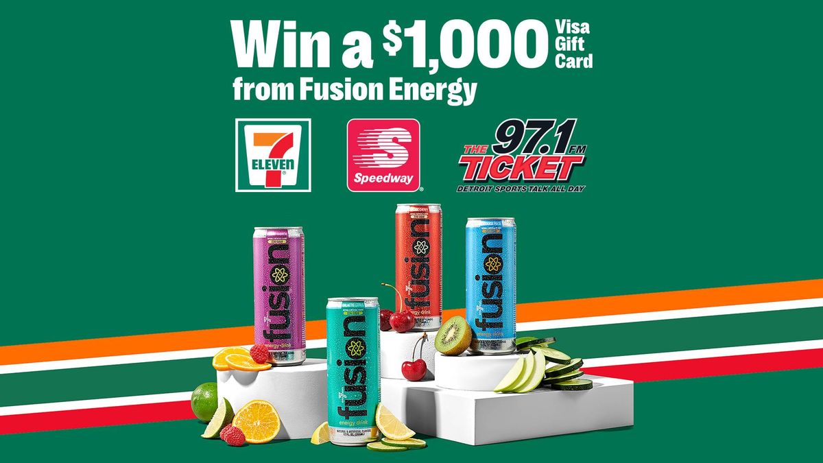 Win a $1000 Visa Gift Card from Fusion Energy. Four colorful cans, fruit, 7-Eleven & Speedway logos.