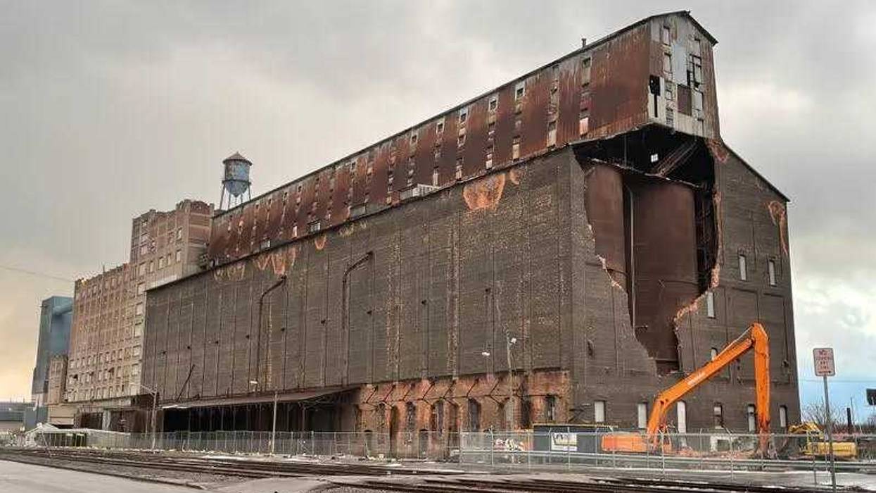 Wind damaged Great Northern grain elevator on Ganson Street in Buffalo