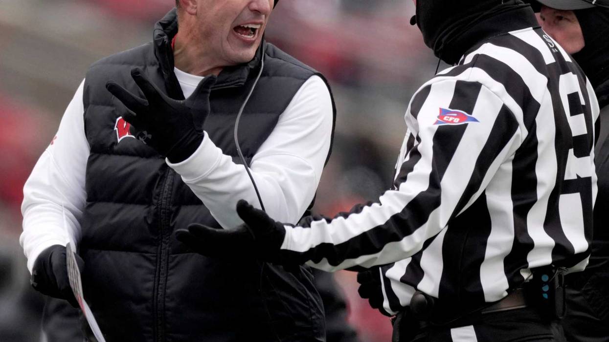 Wisconsin head coach Luke Fickell argues a call during the second quarter of their game against Minnesota at Camp Randall Stadium Friday, November 29, 2024 in Madison, Wisconsin.