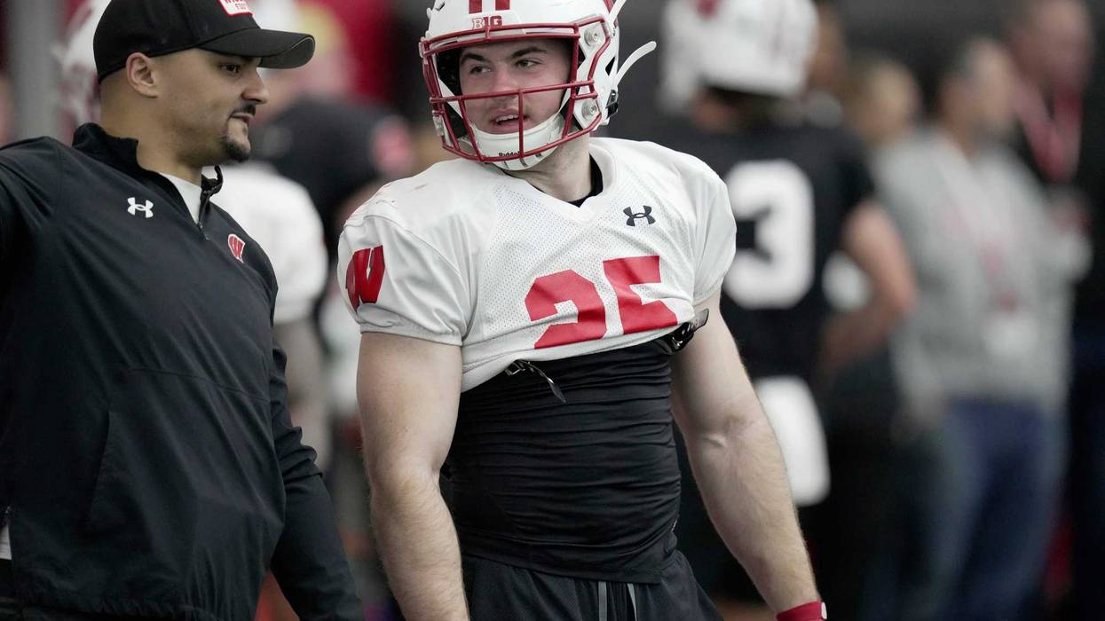 Wisconsin running back Cade Yacamelli (25) is shown during spring football practice Thursday, April 3, 2025 in Madison, Wisconsin.