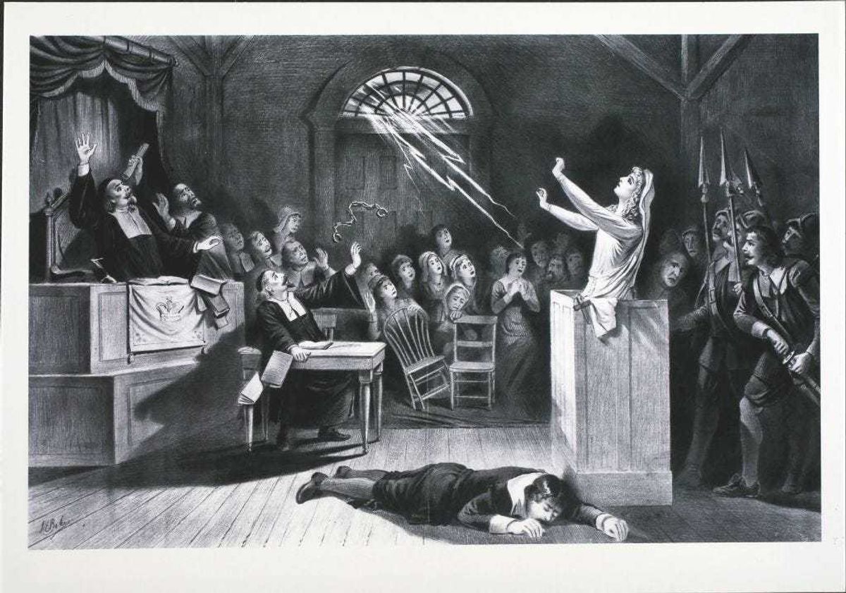 Witch Trial, A young woman accused of witchcraft by Puritan ministers appeals to Satan to save her, circa 1692. (Photo by Hulton Archive/Getty Images)
