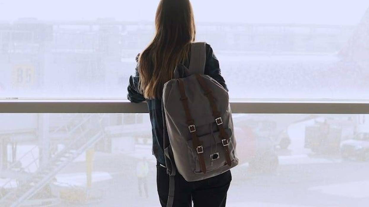 Woman, Backpack, Standing, Airport, Terminal, Window