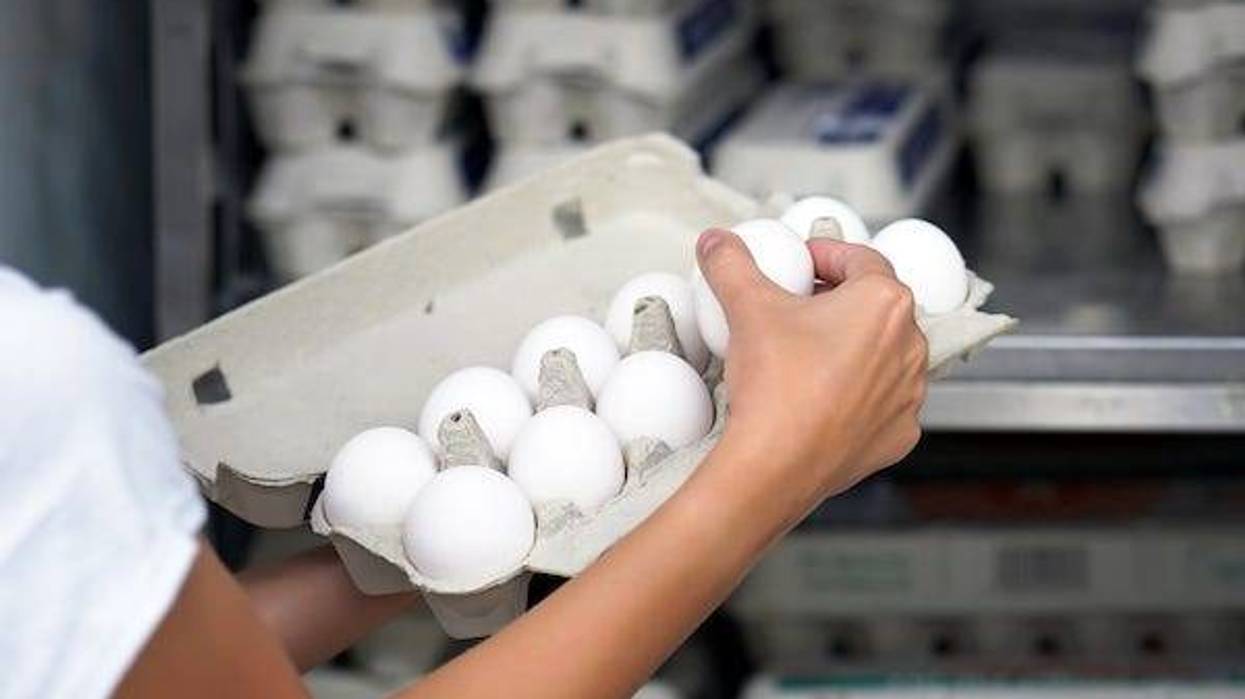 Woman holding a carton of eggs in a grocery store