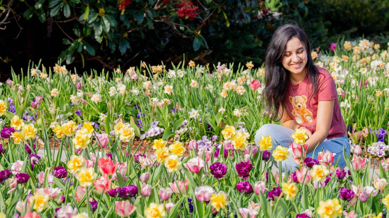 Woman sits in a field of beautiful flowers