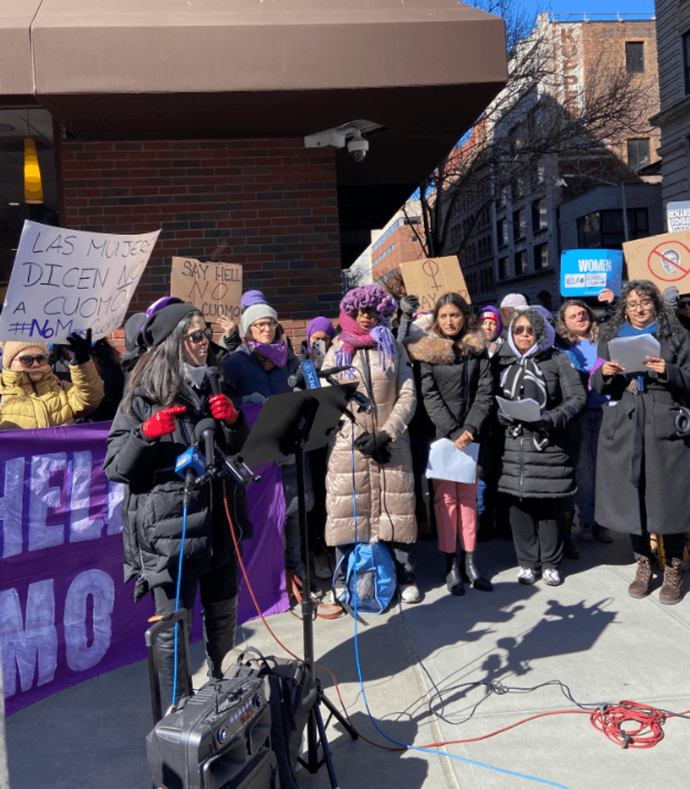 Women and supporters gathered in lower Manhattan on Sunday to advocate against Andrew Cuomo