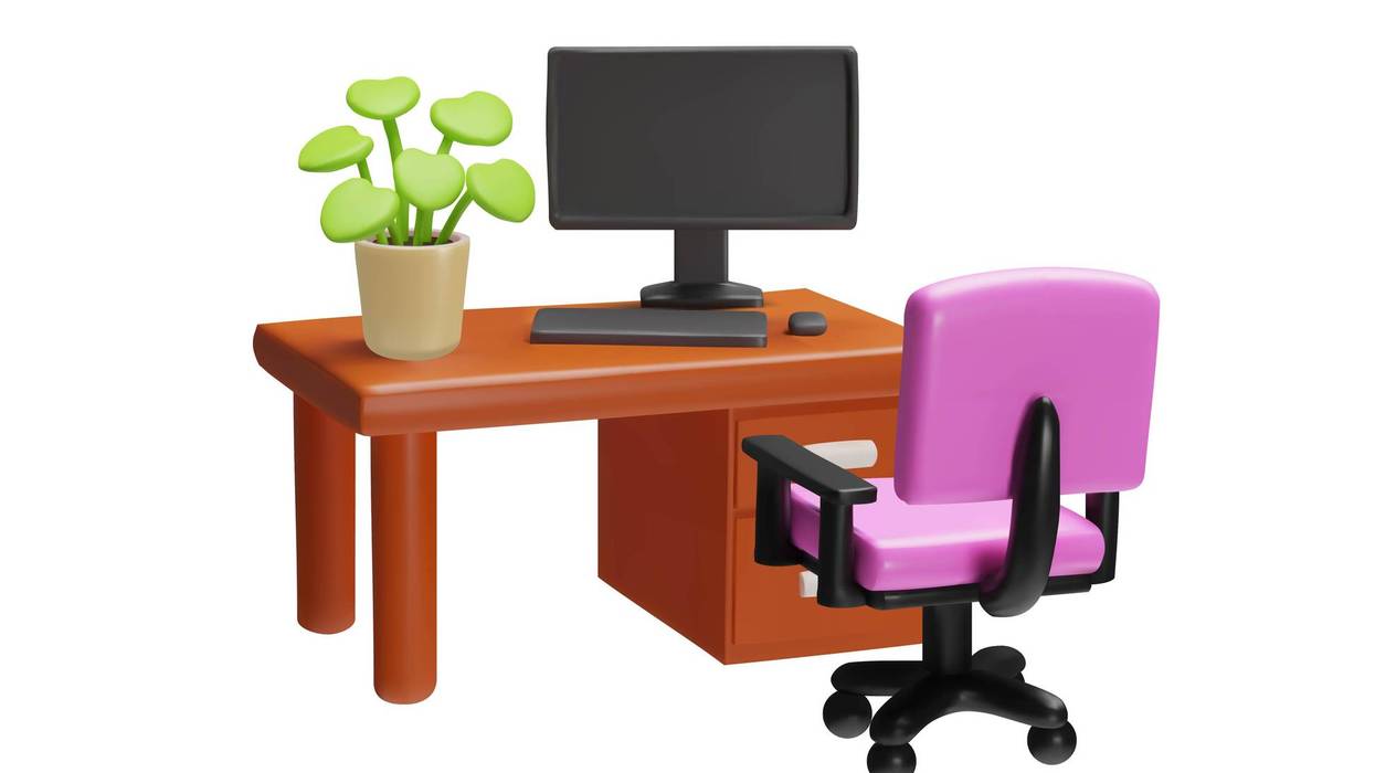 Workplace with table, chair and computer, vector volumetric home or office furniture, potted plant, cozy design interior
