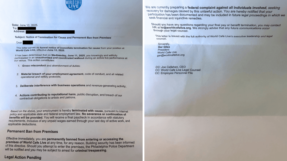 World Cafe Live termination letter