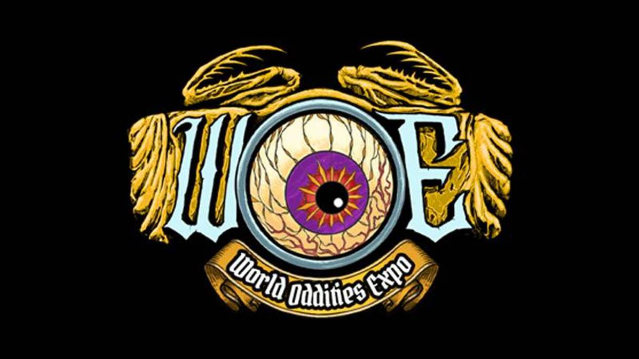 World Oddities Expo logo: ornate golden letters WOE, with a veiny purple eyeball as the O, and a banner.