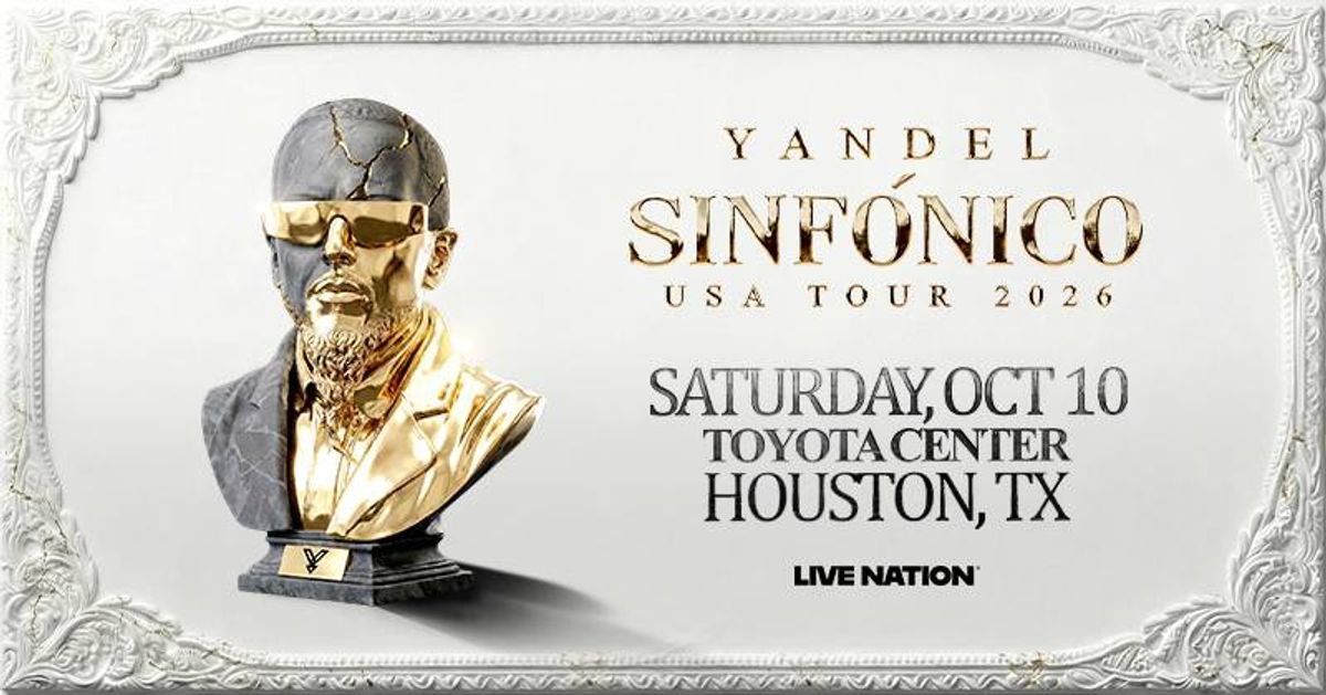 Yandel Sinfónico USA Tour 2026 poster with gold & grey bust. Houston, TX, Oct 10.