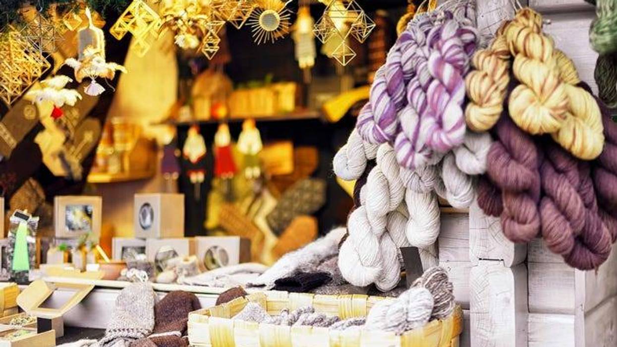 Yarns and knitted souvenirs at stall