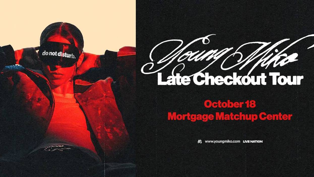 Young Miko Late Checkout Tour poster: Oct 18 at Mortgage Matchup Center. Woman with "do not disturb" mask.