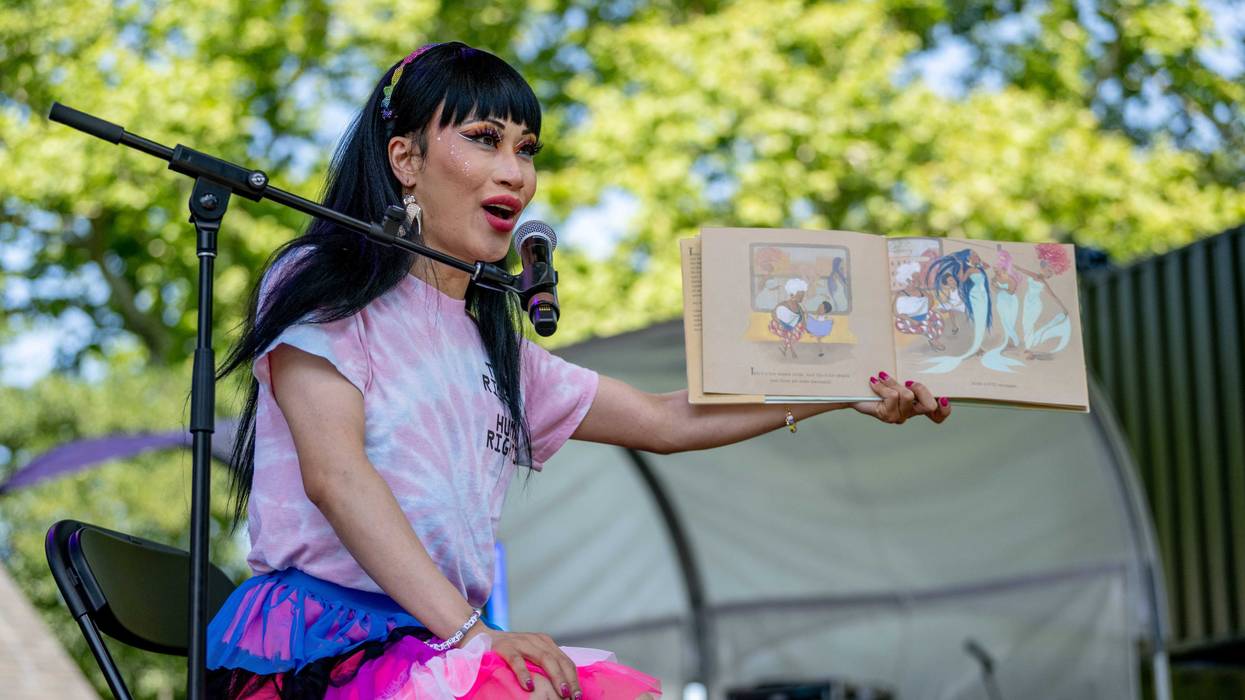 Yuhua Hamasaki performs "Drag Queen Story Hour" during Youth Pride at Rumsey Playfield, Central Park on June 25, 2022 in New York City.