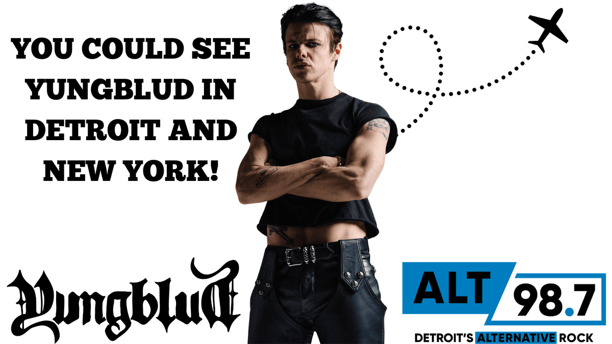 Yungblud promo: Chance to see him in Detroit & New York, presented by Alt 98.7, with plane graphic.