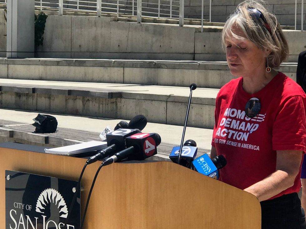 Yvonne Murray (Moms Demand Action) speaks with city leaders in San Jose to introduce 10-point plan to reduce gun violence, June 8, 2021.