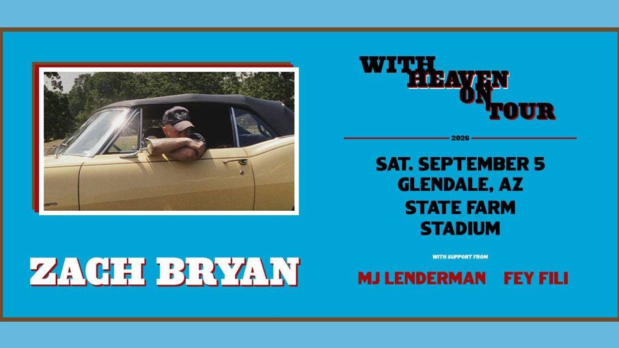 Zach Bryan in a yellow car on "With Heaven On Tour" concert poster. Sept 5, 2026, Glendale, AZ.