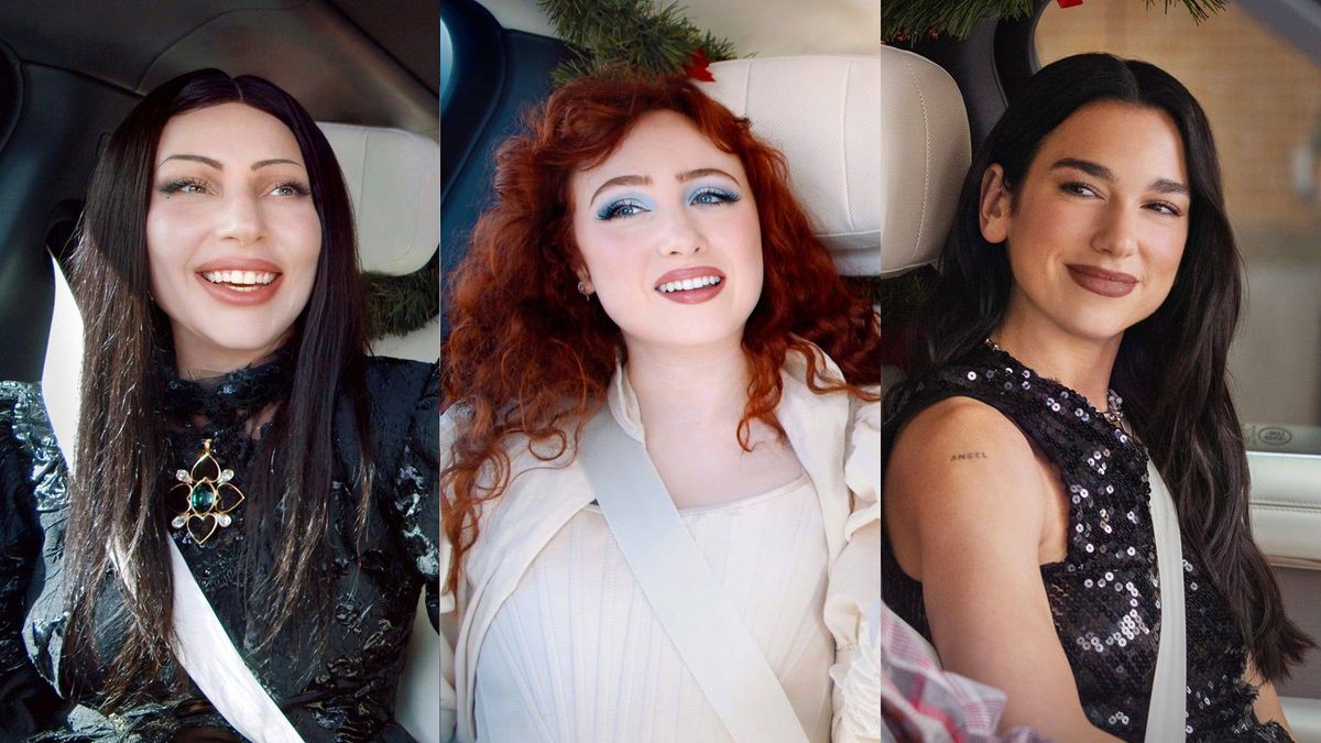 Zane Lowe and Dua Lip, Lady Gaga and Chappell Roan in “A Carpool Karaoke Christmas,” now streaming on Apple TV+.