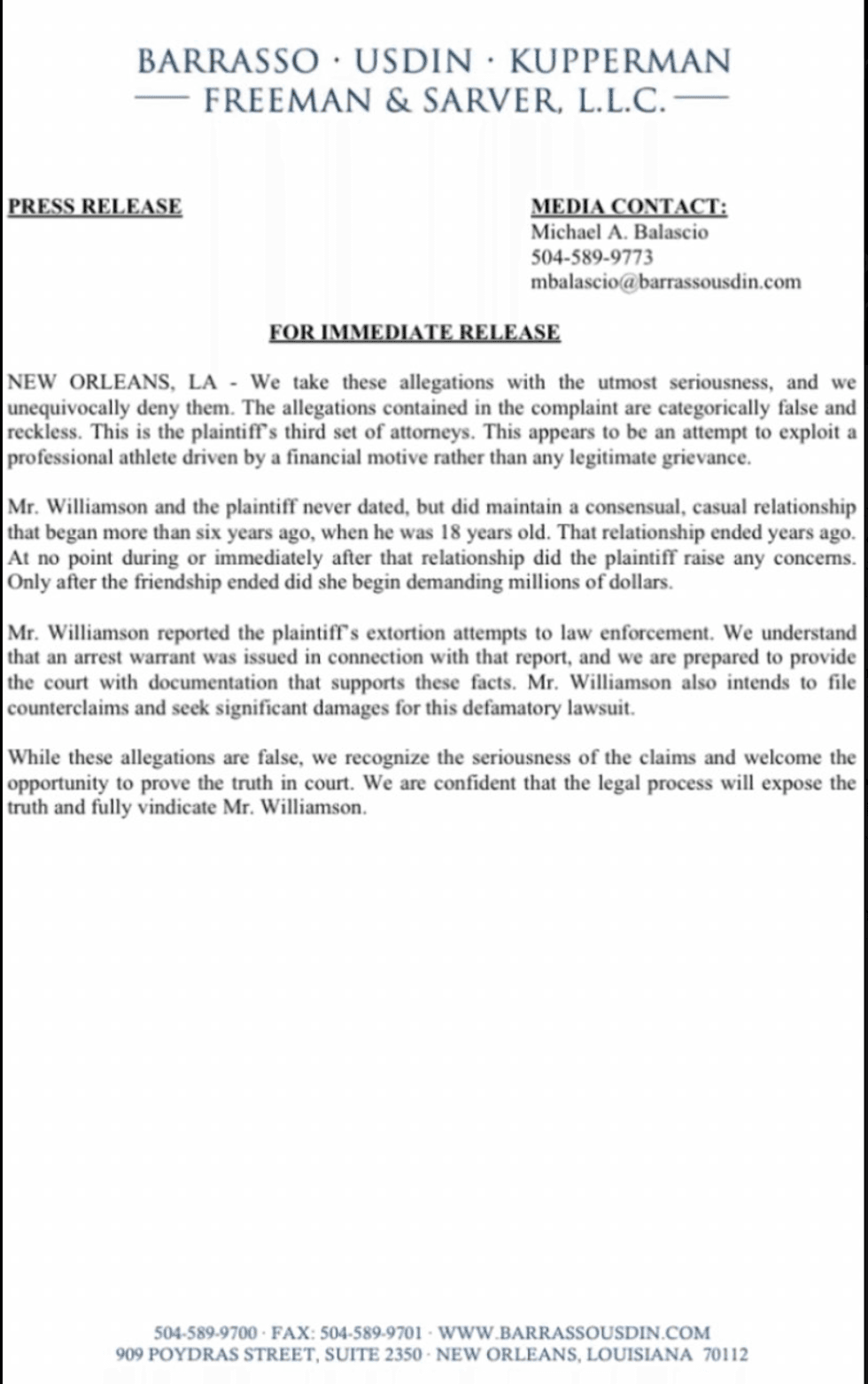 Zion Williamson statement