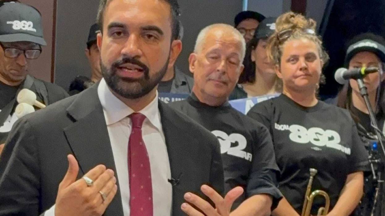 Zohran Mamdani at an event for the Associated Musicians Local 802 union, which has endorsed him, on July 14, 2025.