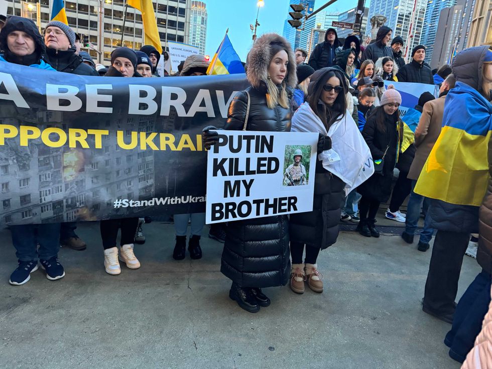 Zoryana Podolny was among the hundreds of demonstrators who rallied outside of the Wrigley Building in support of Ukraine as the country
